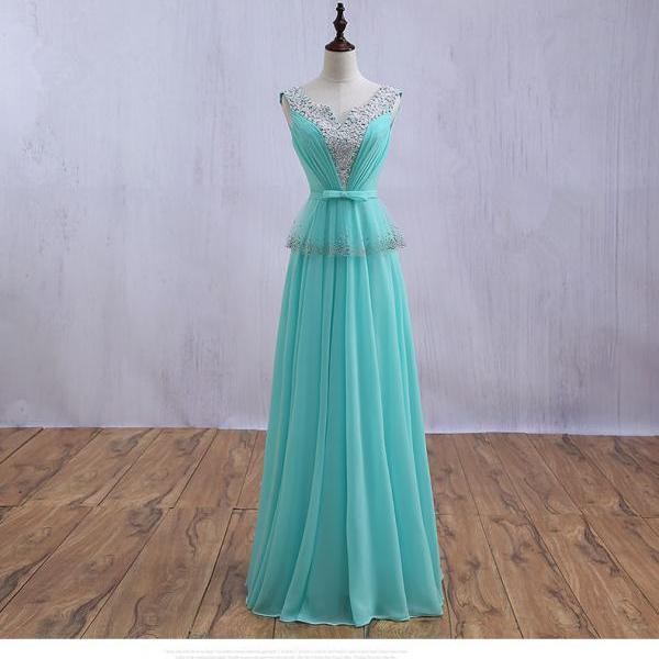 Light Green Chiffon Beaded Crystal V-neck Lace Up Evening Party Gown