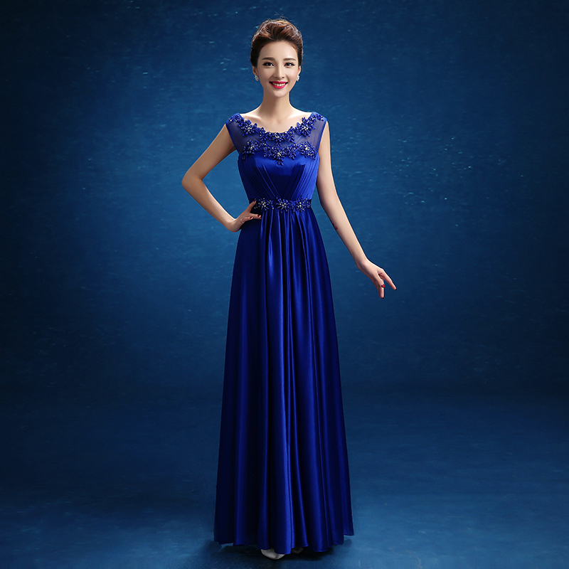 Royal Blue Satin Beaded Crystal Pattern  Prom  Dresses  A 